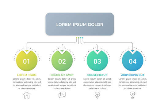 Infographic hierarchy flowchart template with main header banner connected to four vertical step options with colorful circles