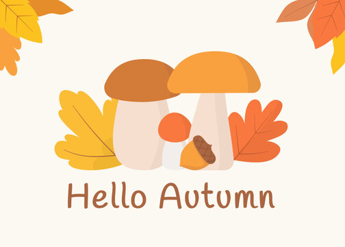 Autumn greeting composition with mushrooms and leaves