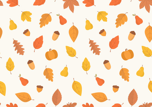 Warm seamless pattern of scattered flat autumn leaves, acorns, pears and pumpkins on a soft background