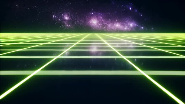 Tracking shot neon grid floor advancing toward distant star field horizon in retro futuristic virtual landscape with reflective glossy surface and cosmic sky