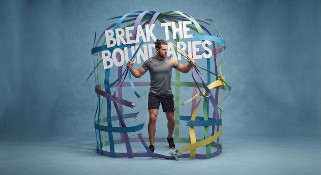 Athletic man breaking boundaries paper cage