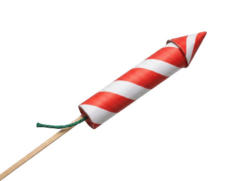 Red and white striped rocket firework with green fuse on wooden stick isolated