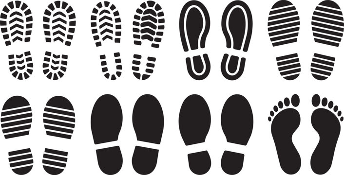 Shoe footprint. Human barefoot beach track, female and baby feet footmark. Footwear and sneakers footsteps, lady foot outline imprint. Vector isolated set. Black sole silhouette trail walking steps.