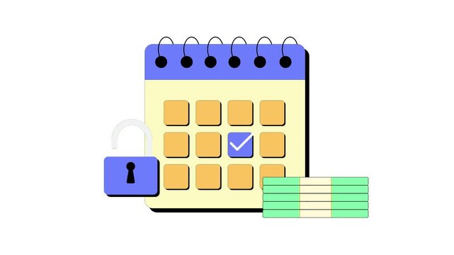 Secure financial planning animation, highlighting timely payments and transaction security with an open padlock and marked calendar dates to indicate future financial commitments.