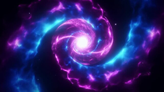 Slow motion swirling colorful energy vortex spiraling inward against dark cosmic backdrop with neon blue and magenta gaseous streams