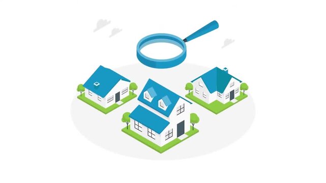 Magnifying glass animation scanning isometric houses in residential neighborhood setting for real estate market research motion video clip loop project
