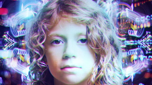 girl looks at camera for security scan with overlayed glitch 