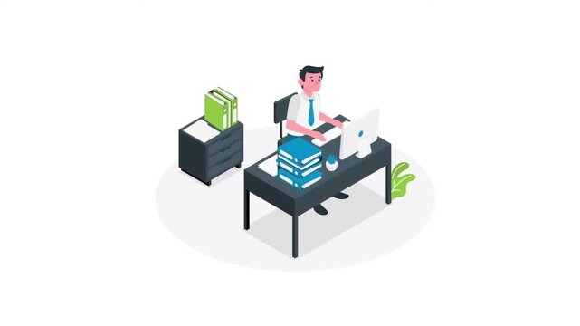 Diligent office worker typing on computer while stacking blue folders in this minimalist flat vector animation style digital video footage