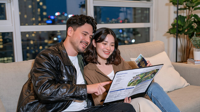 A couple in a warmly lit apartment living room review visa application tracking documents together on a shared screen one pointing at status fields while the other holds a passport the window behind