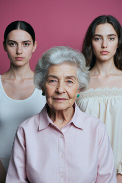 Portrait of senior Caucasian woman standing with young adult daughters, facing camera, representing family continuity, aging, support. Ideal for healthcare, insurance, caregiving campaigns, vertical