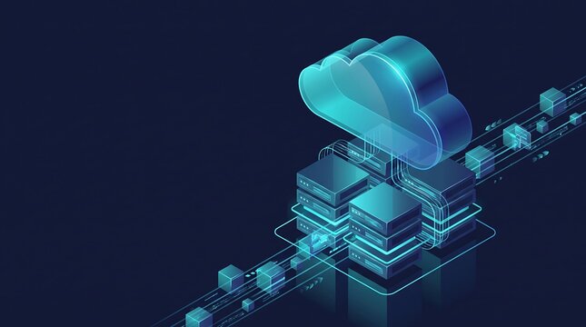 Isometric digital of cloud computing infrastructure, featuring glowing blue server racks connected by data lines and floating data cubes