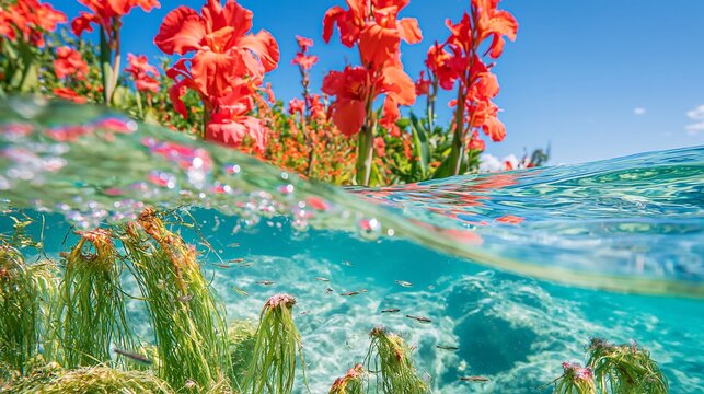 Split level shot of vibrant red canna flowers over clear water with aquatic plants
