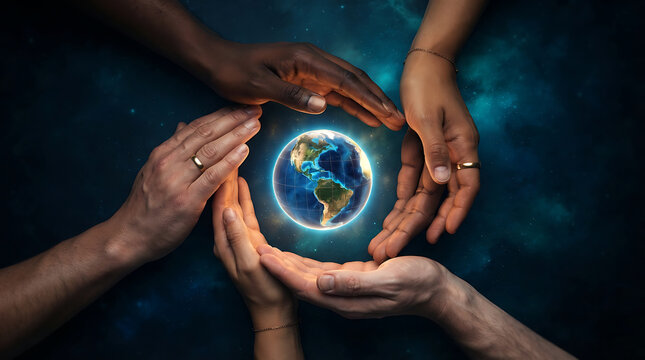 Diverse group of hands protecting glowing planet earth in unity with planet care