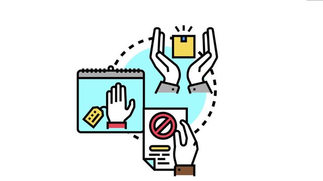 Hands receiving a package, a calendar with a hand and tag, and another hand holding a document with a forbidden sign symbolize international shipping, customs, and import restriction concepts
