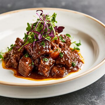 Gourmet braised beef chunks in rich gravy sauce topped with vibrant microgreens
