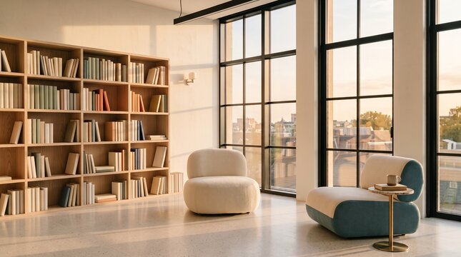 Sunlit reading lounge with boucle chairs and colorful bookshelf wall