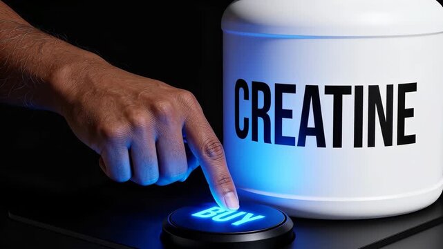 Close-up of a black man's hand pressing a retail BUY button next to a large plastic tub of creatine powder. Instant online purchase and choosing the right premium collagen supplement concept