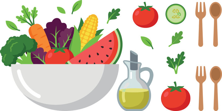 Fresh healthy salad bowl with vegetables watermelon olive oil oil bottle cutlery and ingredients vector illustration