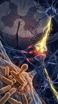 Infection nervous breakdown: Tetanus disease, Clostridium bacterium, neurotoxin attack, synapse block, muscle spasm, lockjaw symptom, trismus jaw, opisthotonos arch, generalized form.