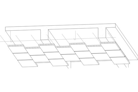 Technical CAD isometric drawing of a structural framework featuring parallel beams supporting a grid of rectangular panels, likely a roof or ceiling system.