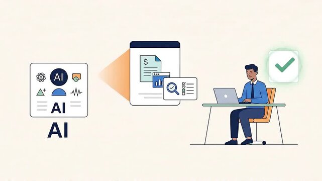 Businessman using laptop with AI workflow graphics illustration