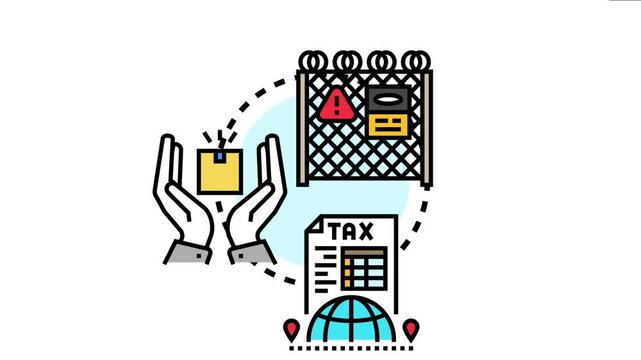 Border marking concept presenting a chain link fence with warning signs, representing customs control, restricted access, international trade, and tax regulations for packages and global shipments