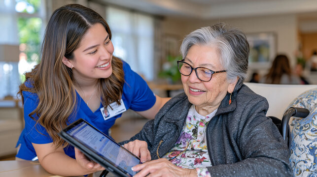 An elder care nurse leans over the shoulder of a seated elderly resident in a warmly decorated luxury care facility lounge, both reviewing a cross docking delivery schedule on a shared tablet as aft