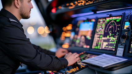 Naklejka premium Aviation flight instruments glow in twilight blue cockpit lighting as a silhouetted helicopter pilot's gloved hands hover over navigation controls a laminated checklist and a small branded monitorin