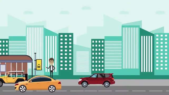 Man standing at city bus stop waiting for public transport in this animated video motion clip with busy street traffic