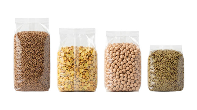 Transparent plastic bags with legumes and grains, assorted dry pulses in clear packaging, bulk food storage of lentils and chickpeas isolated PNG with Transparent Background