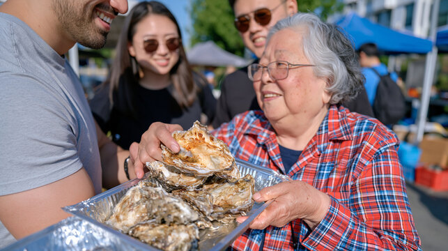 Elderly pearl diving grandmother in a crowded seaside fish market surrounded by three generations of her family, weathered hands displaying oyster shells, intergenerational longevity wisdom and deca