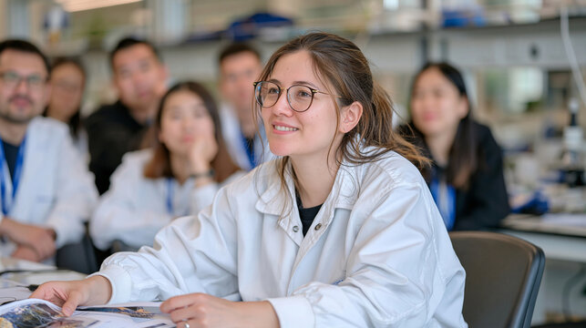 Environmental engineer in a sterile laboratory presenting a cross-section material sample to a multicultural research team of six colleagues from varied global backgrounds, sustainability testing eq