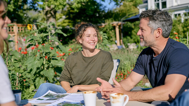 Grant writers in a misty early morning garden gathered around a low outdoor table, sharing printed open-source science documents, coffee mugs half-empty, the small group's collaborative energy sugge