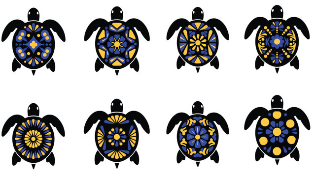 Collection of eight stylized sea turtles with intricate geometric patterns on their shells, set against a white background.