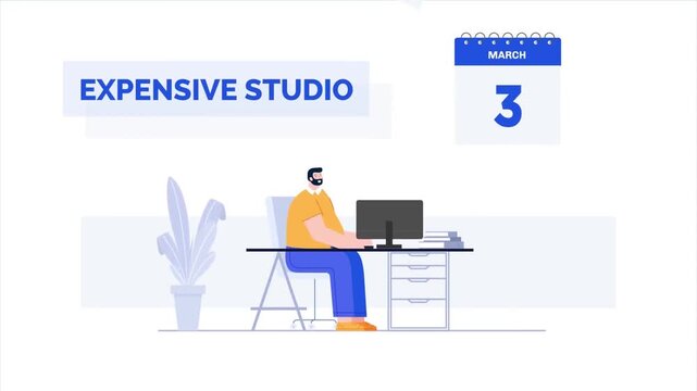 Businessman working at desk with moving calendar pages in this professional animated motion footage showing efficient office daily productivity rhythm