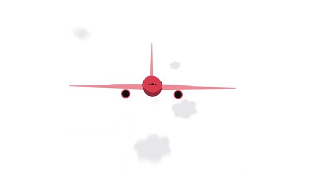 Red commercial airplane flying through white cloudy skies seen from a rear angle in this digital minimalist motion animation clip