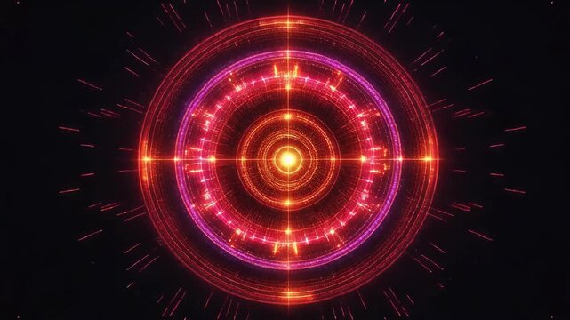 Glowing concentric circles with bright red and purple digital effects on black background
