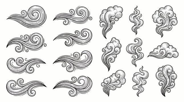 Vintage hand drawn engraved wind swirls and decorative smoke cloud elements collection on white background, Symbolizing weather map illustration or artistic graphic design ornamentation