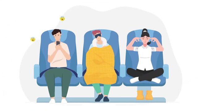 Diverse passengers sitting together in airplane seats during travel motion animation clip with tired people resting in blue cabin chairs