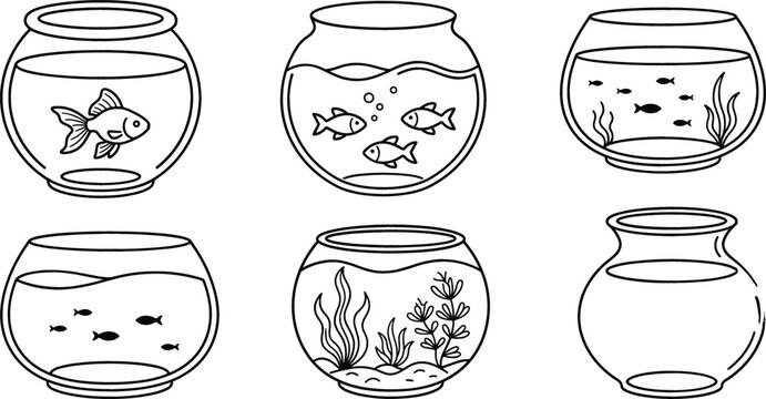 Fishbowl and aquarium vector line icon set featuring goldfish small fishes aquatic plants seaweed water bubbles and empty glass bowls