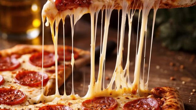 Hot pepperoni pizza with melted cheese stretching from a fresh slice on a rustic wooden table