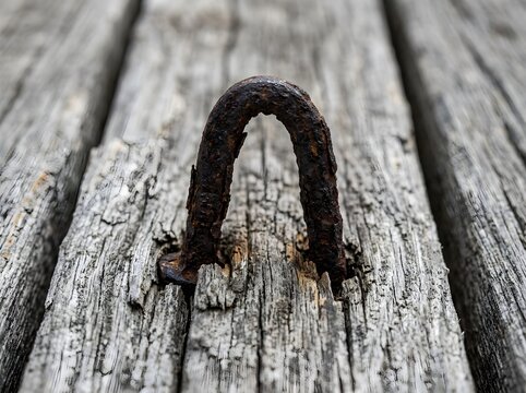 Closeup of rusty horseshoe embedded in weathered wooden surface funny animal emoji