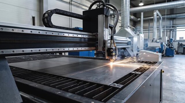 CNC laser cutter machine cutting sheet metal with bright sparks in an industrial workshop