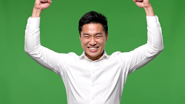 A joyful young Asian man celebrating success and feeling extremely happy while standing against a plain green background
