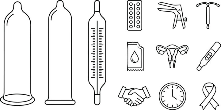 Contraception and reproductive health vector line icon set with condom thermometer birth control pill uterus speculum and iud device