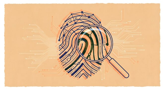 Artistic risograph print style cyber digital forensics fingerprint on sandy paper background