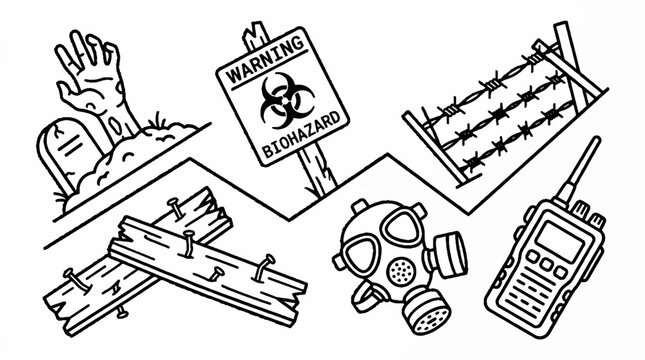 Collection of hand drawn post apocalyptic survival gear and zombie themed elements.