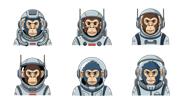 Collection of six chimpanzee astronauts in detailed space suits and helmets, set against a white background.