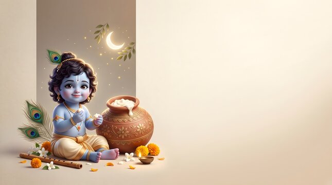 Little krishna janmashtami celebration background with butter pot with sitting beside traditional