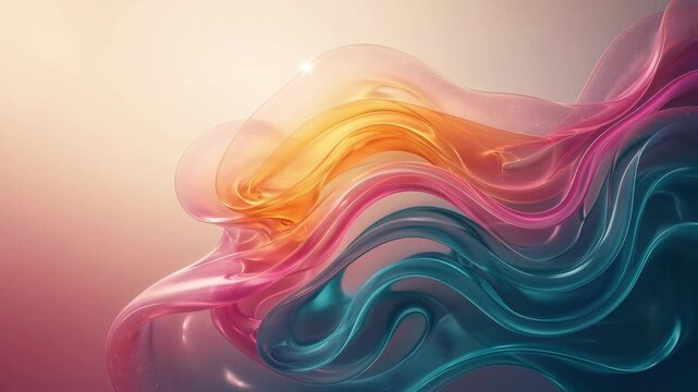 Colorful flowing ribbons in glossy abstract style cross a peach and mauve background, expressing energy, motion, and connection